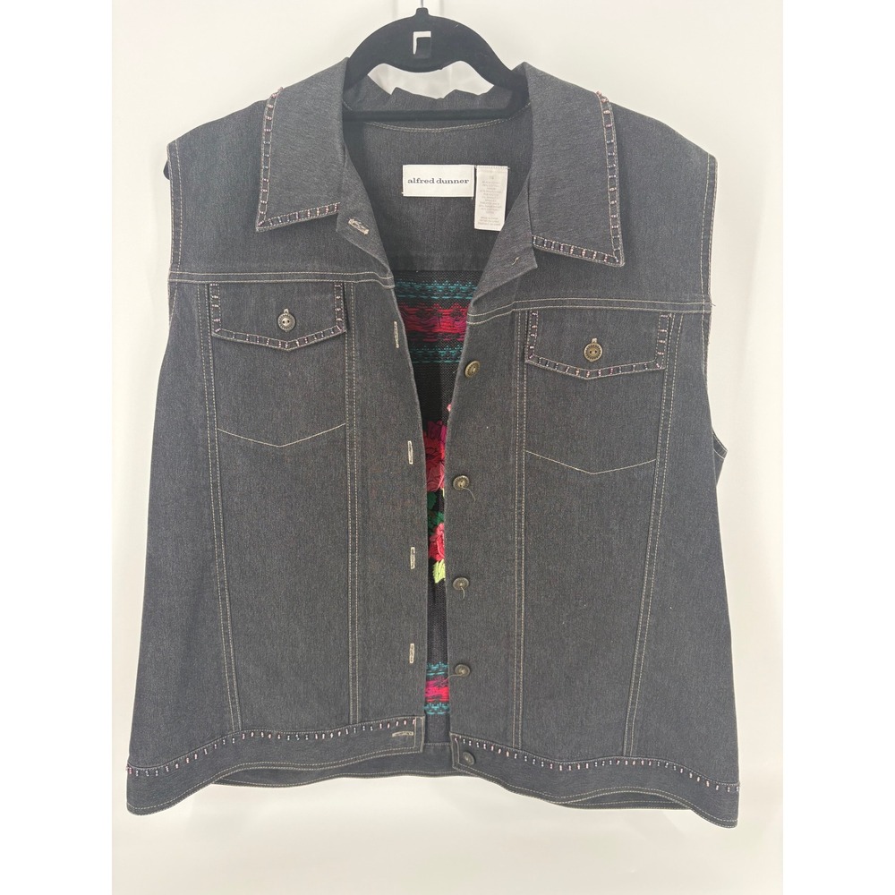 Alfred Dunner Vest Black Denim Floral Embroidered Sleeveless‎ Jacket Medium